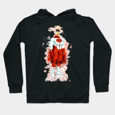 Black hoodie with red and white superhero design, cotton material, casual style, perfect for everyday wear.