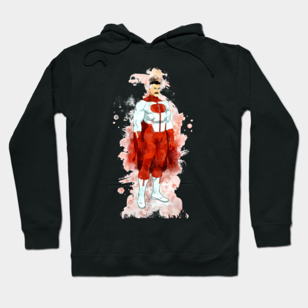 Black hoodie with red and white superhero design, cotton material, casual style, perfect for everyday wear.