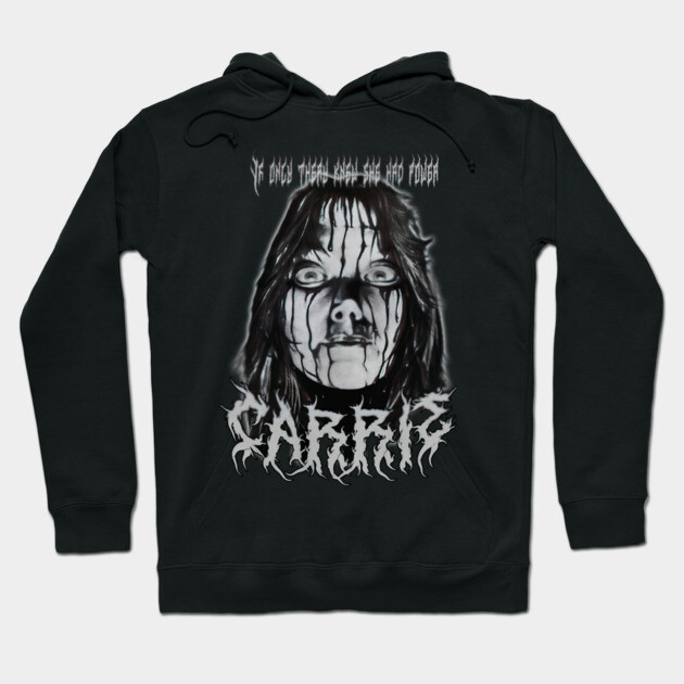 Black horror-themed hoodie with graphic design, bold text, and comfortable fit for casual wear.