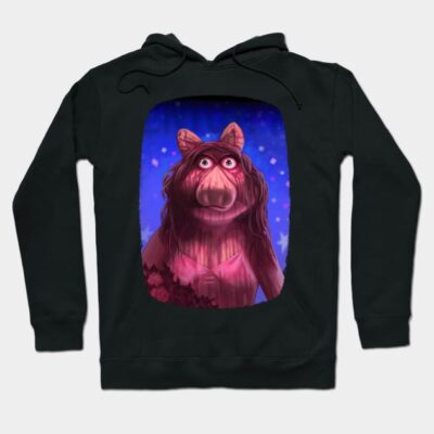 Black hoodie with whimsical pig illustration, vibrant colors, ideal for casual wear, soft fabric for comfort.