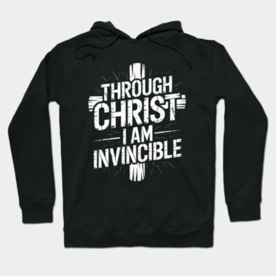 Black hoodie with "Through Christ I Am Invincible" text design, casual wear, cotton blend, unisex style.
