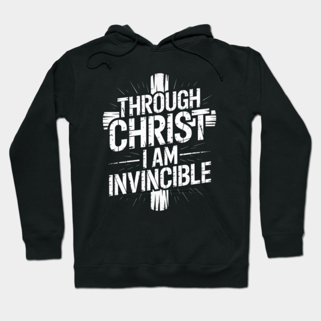 Black hoodie with "Through Christ I Am Invincible" text design, casual wear, cotton blend, unisex style.