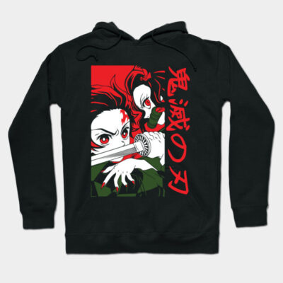 Black anime graphic hoodie with red and white design, featuring bold Japanese text, perfect for casual wear.