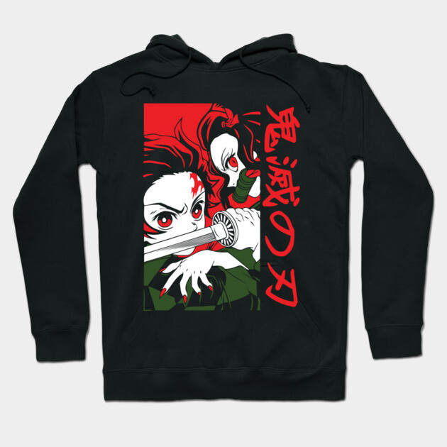 Black anime graphic hoodie with red and white design, featuring bold Japanese text, perfect for casual wear.