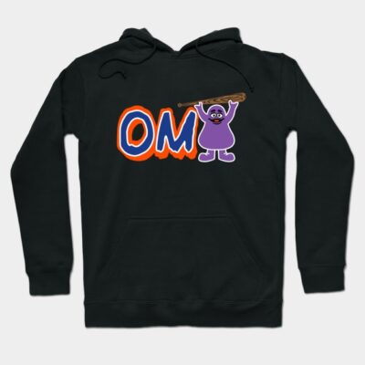 Black hoodie with bold "OM" text and a playful purple cartoon character design, perfect for casual wear.