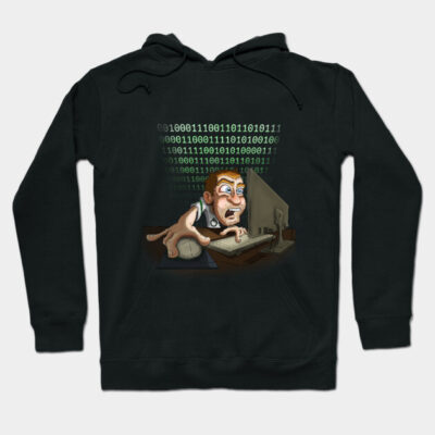 Black hoodie with cartoon computer programmer design, binary code background. Cotton blend, casual wear, unisex style.