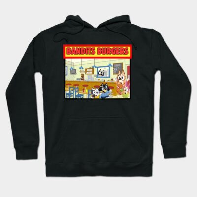 Black hoodie featuring colorful cartoon burger restaurant graphic, casual style, comfortable cotton material.