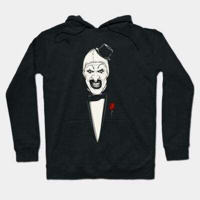 Black hoodie with a graphic design featuring a sinister face and rose, perfect for casual wear, made from soft cotton.
