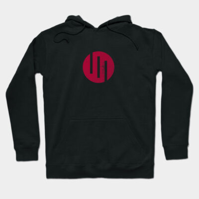 Black hoodie with red circular abstract logo, soft cotton material, casual wear for everyday comfort and style.