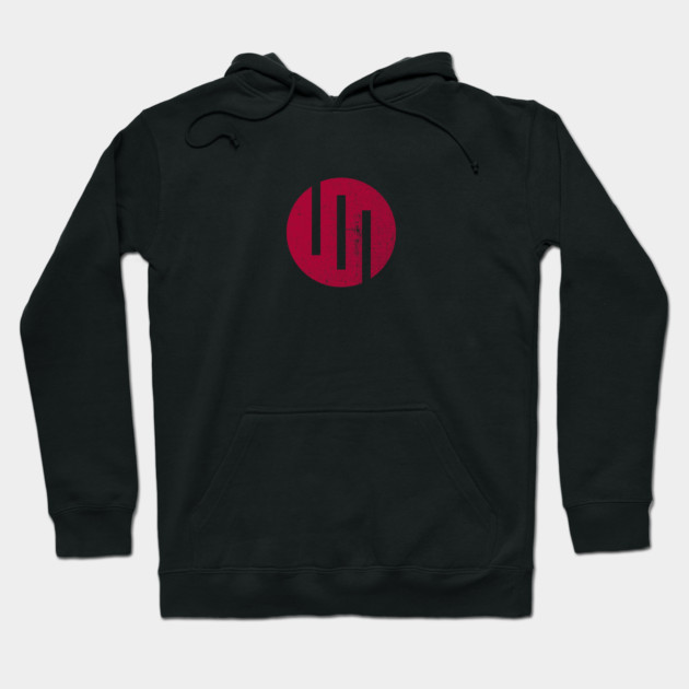 Black hoodie with red circular abstract logo, soft cotton material, casual wear for everyday comfort and style.