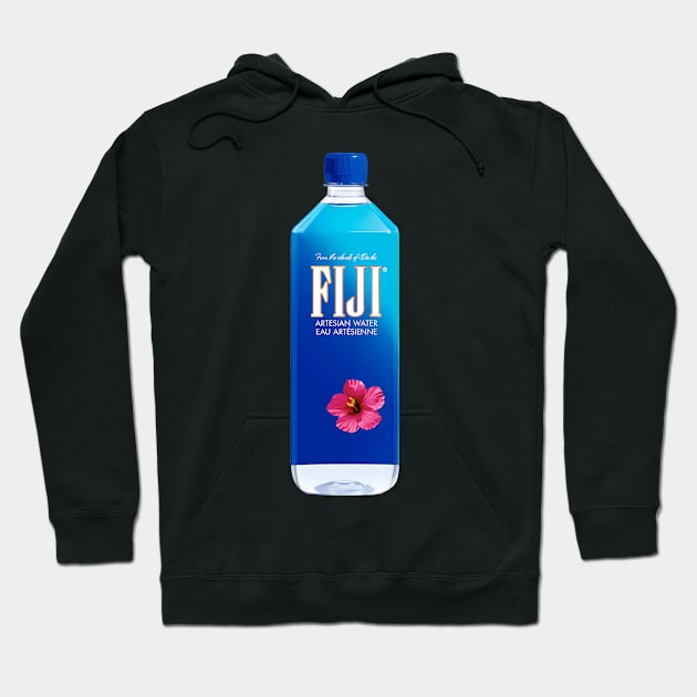 Black hoodie with a graphic print of a Fiji water bottle, featuring a vibrant pink flower, casual cotton style.