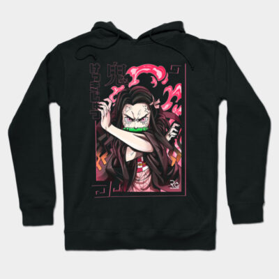 Black anime-themed hoodie with vibrant graphic design, featuring bold colors and Japanese characters, ideal for casual wear.