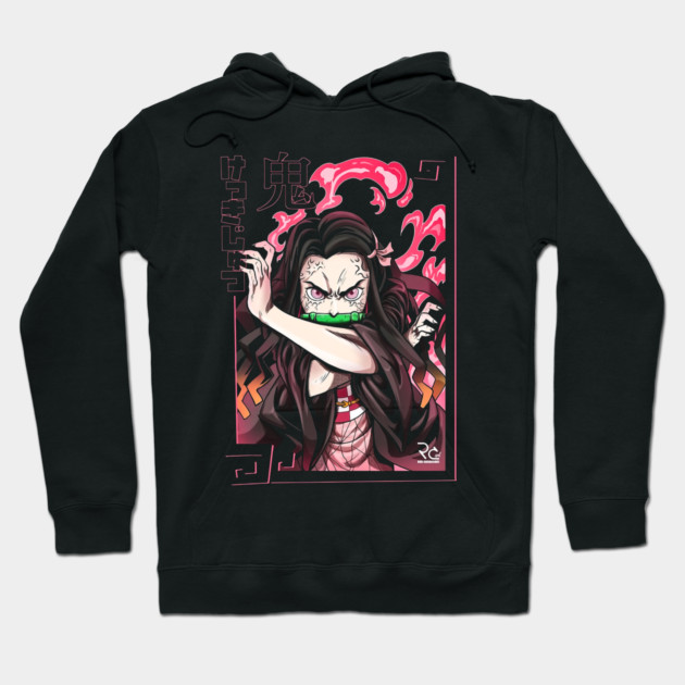 Black anime-themed hoodie with vibrant graphic design, featuring bold colors and Japanese characters, ideal for casual wear.