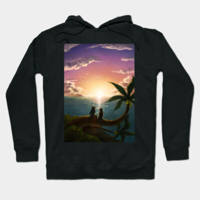 Black hoodie featuring a colorful sunset and palm tree design, perfect for casual wear or cozy evenings.