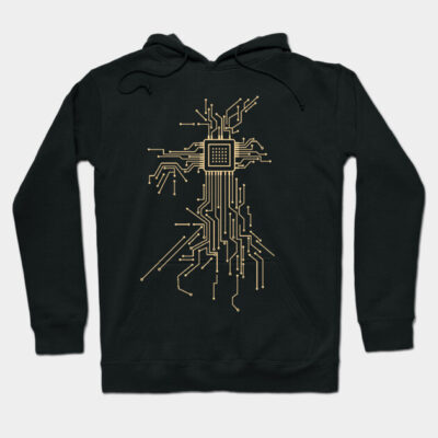 Black hoodie with gold circuit board design, tech-inspired, casual wear, soft cotton blend, unisex style.