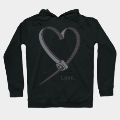 Black hoodie with heart-shaped belt design and "Love" text, perfect for casual wear. Soft cotton blend material.