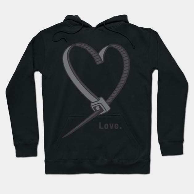 Black hoodie with heart-shaped belt design and "Love" text, perfect for casual wear. Soft cotton blend material.