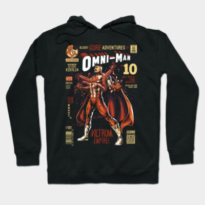 Black hoodie featuring retro comic book cover design with superhero illustration, perfect for casual wear and fans.