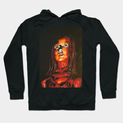 Black hoodie with artistic horror-themed graphic, unisex style, perfect for casual wear and cozy comfort.