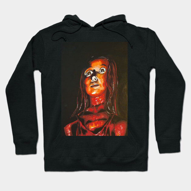 Black hoodie with artistic horror-themed graphic, unisex style, perfect for casual wear and cozy comfort.