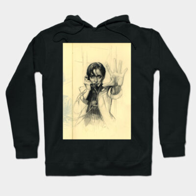 Black hoodie with artistic sketch design, featuring hand-drawn portrait, casual style, perfect for everyday wear.