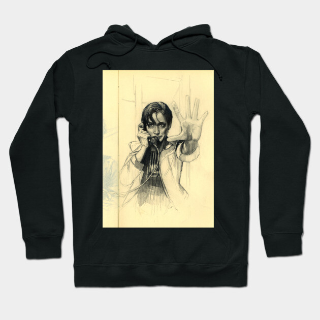 Black hoodie with artistic sketch design, featuring hand-drawn portrait, casual style, perfect for everyday wear.