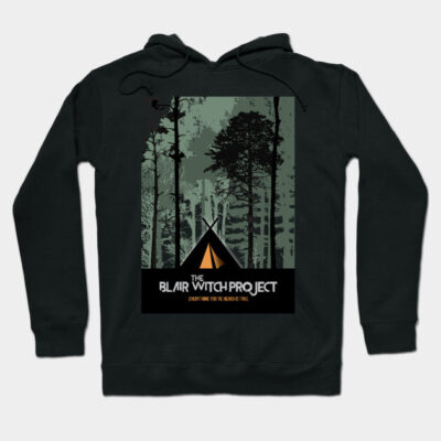 Black hoodie with forest graphic and text, "The Blair Witch Project," ideal for casual wear and movie fans.