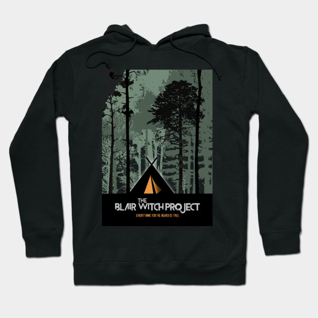 Black hoodie with forest graphic and text, "The Blair Witch Project," ideal for casual wear and movie fans.