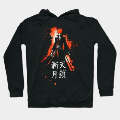 Black hoodie with vibrant anime-style graphic and Japanese text, featuring bold red and orange accents, cotton material.