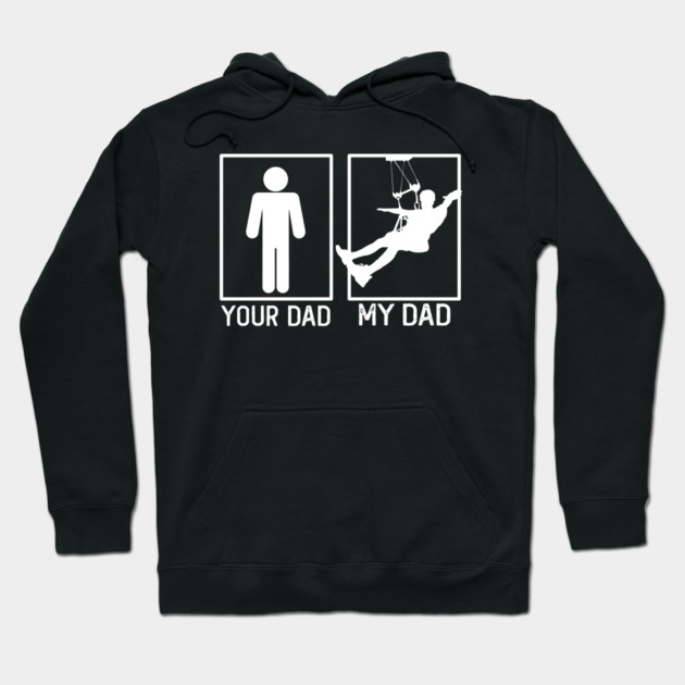 Black hoodie with humorous graphic "Your Dad My Dad" featuring contrasting stick figures, casual style, cotton material.