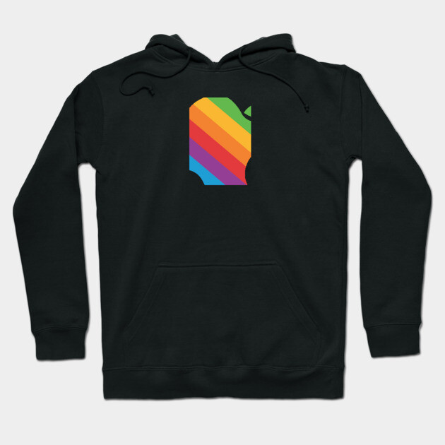 Black hoodie with colorful geometric logo, featuring a front pocket and drawstrings, ideal for casual wear.