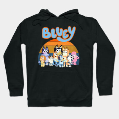 Black hoodie featuring colorful cartoon characters and "Bluey" text, perfect for casual wear. Cotton material.
