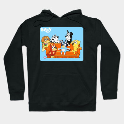 Black hoodie featuring colorful cartoon family design, cozy and stylish for casual wear, perfect for fans of animated characters.