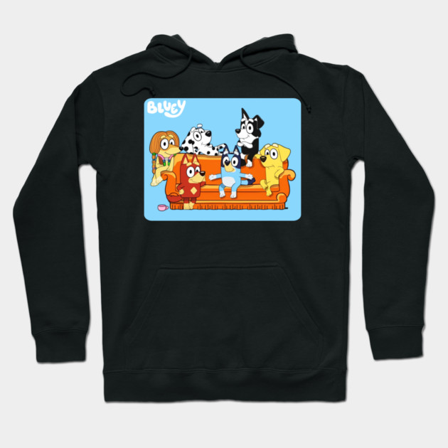 Black hoodie featuring colorful cartoon family design, cozy and stylish for casual wear, perfect for fans of animated characters.