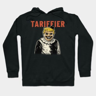 Black graphic hoodie with "Tariffier" text and illustration, featuring a unique design. Cozy and stylish for casual wear.