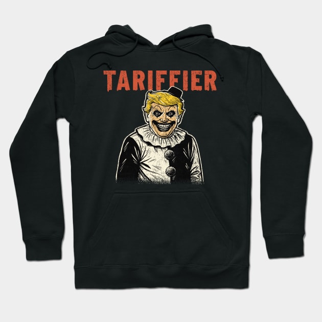 Black graphic hoodie with "Tariffier" text and illustration, featuring a unique design. Cozy and stylish for casual wear.