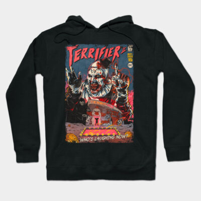 Black Terrifier II hoodie with colorful horror comic design, perfect for casual wear and Halloween events. Cotton material.