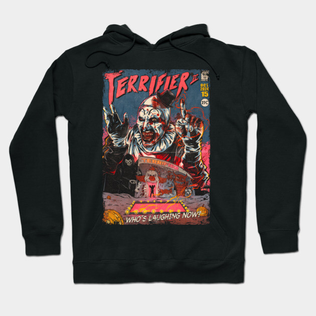 Black Terrifier II hoodie with colorful horror comic design, perfect for casual wear and Halloween events. Cotton material.