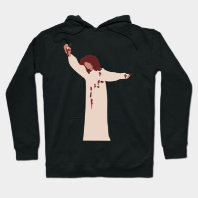 Black graphic hoodie featuring minimalist figure design, casual style, made from soft, comfortable fabric.