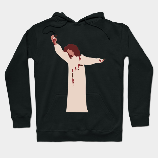 Black graphic hoodie featuring minimalist figure design, casual style, made from soft, comfortable fabric.