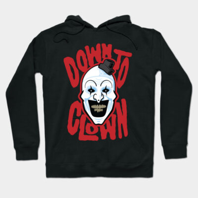 Black hoodie with a scary clown design and "Down to Clown" text in red, perfect for Halloween or casual wear.