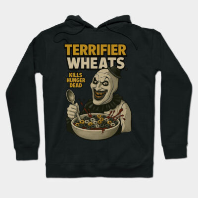 Black hoodie with graphic illustration of a clown holding cereal bowl, text reads "Terrifier Wheats". Ideal for casual wear.