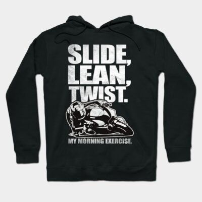 Black hoodie with "Slide, Lean, Twist" text and motorcycle graphic, ideal for casual wear and motorcycling enthusiasts.