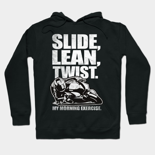 Black hoodie with "Slide, Lean, Twist" text and motorcycle graphic, ideal for casual wear and motorcycling enthusiasts.