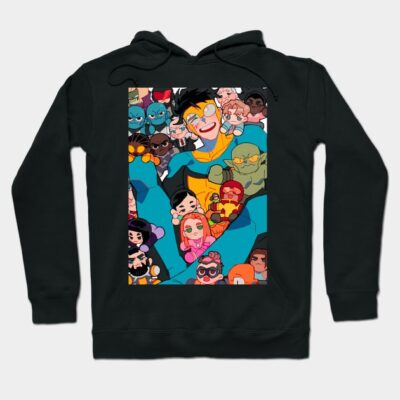 Black hoodie with colorful cartoon characters, vibrant design, casual wear, comfortable cotton material.