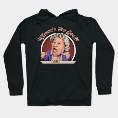 Black hoodie with "Where's the Beef?" graphic, featuring a vintage-style illustration. Cotton blend, casual wear.