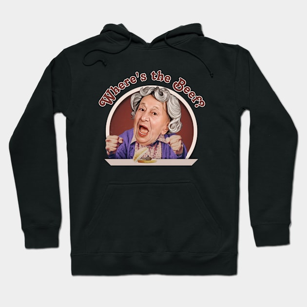 Black hoodie with "Where's the Beef?" graphic, featuring a vintage-style illustration. Cotton blend, casual wear.