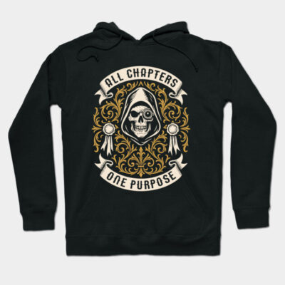 Black hoodie with skull design and "All Chapters One Purpose" text, gothic style, cotton material.