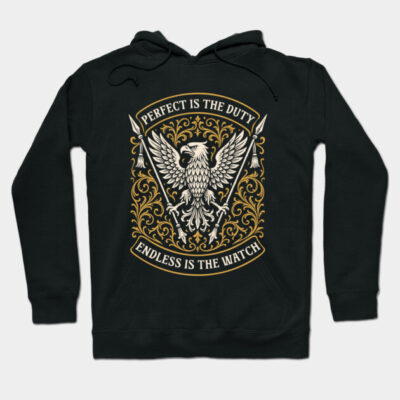 Black hoodie with gold eagle and ornate design, featuring "Perfect is the Duty" text. Comfortable casual wear.