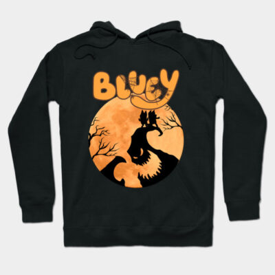 Black hoodie with Halloween-themed design featuring orange moon, silhouetted trees, and spooky lettering. Cozy and stylish.